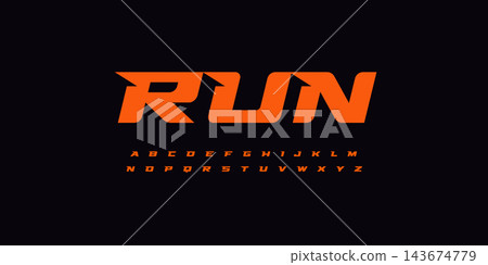 Run alphabet, wide bold font for powerful dynamic lettering, swift automotive logo, energetic daring headline, car racing branding. Orange letters on black BG. Vector typeset 143674779