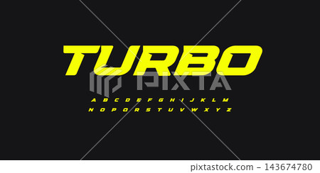 Turbo letters set. Race font. Italic bold racing style vector latin alphabet. Fonts for event, promo, logo, banner, monogram and poster. Typeset design 143674780