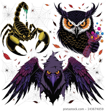 The image features a set of dark, stylized vector illustrations with a Halloween theme The image features a set of dark, stylized vector illustrations with a Halloween theme 143674859