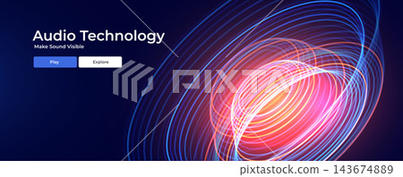 Audio technology landing page with vibrant neon sound wave rings on a dark blue background. Abstract music visualization with headline and navigation buttons. Vector Illustration Audio technology landing page with vibrant neon sound wave rings on a dark blue background. Abstract music visualization with headline and navigation buttons. Vector Illustration 143674889