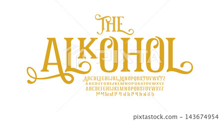 Alkohol victorian elegance alphabet, ornate vintage font, retro royal charm letters for luxurious branding, alcohol lettering, tattoo studio and barbershop sign, brewery and wine logo. Vector typeset Alkohol victorian elegance alphabet, ornate vintage font, retro royal charm letters for luxurious branding, alcohol lettering, tattoo studio and barbershop sign, brewery and wine logo. Vector typeset 143674954