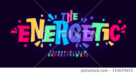 groovy bouncy font logo alphabet festive disco bold colorful playful typography for kids birthday, witty carnival poster, quirky funny headline, creative party title text. Vector typeset groovy bouncy font logo alphabet festive disco bold colorful playful typography for kids birthday, witty carnival poster, quirky funny headline, creative party title text. Vector typeset 143674955