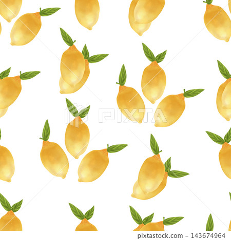 Seamless watercolor pattern with whole lemons and leaves. The illustration is made by hand on a background of bright stripes. Suitable for printing, textiles, tableware. Seamless watercolor pattern with whole lemons and leaves. The illustration is made by hand on a background of bright stripes. Suitable for printing, textiles, tableware. 143674964