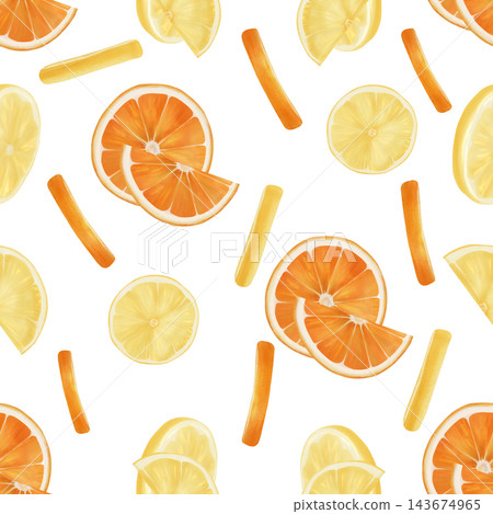 Seamless watercolor pattern with lemon and orange slices. The illustration is made by hand on white. Suitable for printing, textiles, tableware. 143674965