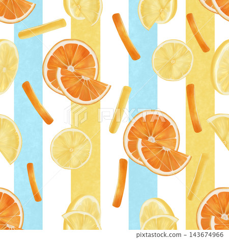 Seamless watercolor pattern with lemon and orange slices. The illustration is made by hand on a background of bright stripes. Suitable for printing, textiles, tableware. Seamless watercolor pattern with lemon and orange slices. The illustration is made by hand on a background of bright stripes. Suitable for printing, textiles, tableware. 143674966