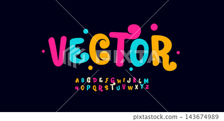 Vector vibrant festival alphabet, spirited colourful letters, joyous event font for lively invitations, energetic headline, playful typography for festive designs and promotional. Vector typeset Vector vibrant festival alphabet, spirited colourful letters, joyous event font for lively invitations, energetic headline, playful typography for festive designs and promotional. Vector typeset 143674989