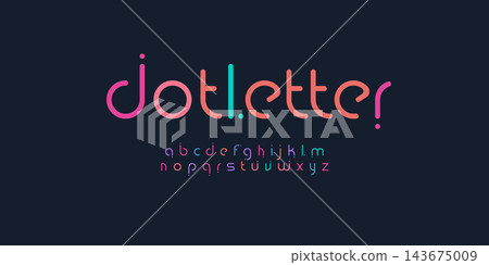 Dot letter modern colored font for logo on black background. Colorful letters with dots, flat cartoon style vector lowercase alphabet for creative logo, awesome monogram and lettering Dot letter modern colored font for logo on black background. Colorful letters with dots, flat cartoon style vector lowercase alphabet for creative logo, awesome monogram and lettering 143675009