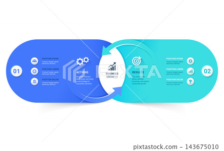 Modern Venn diagram infographic arrow template featuring two overlapping circles with comparison and relationship visualization. Modern Venn diagram infographic arrow template featuring two overlapping circles with comparison and relationship visualization. 143675010