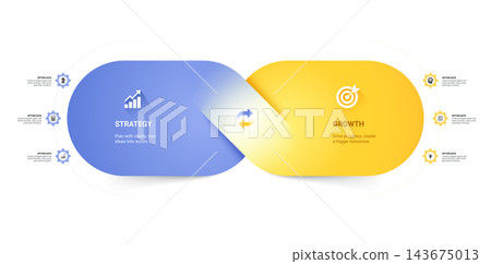 Modern Venn diagram infographic arrow template featuring two overlapping circles with comparison and relationship visualization. 143675013