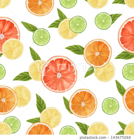 Seamless watercolor pattern with pieces of grapefruit, orange, lime and lemon and mint. The illustration is made by hand on a white background. textiles, wallpaper, dishes. Seamless watercolor pattern with pieces of grapefruit, orange, lime and lemon and mint. The illustration is made by hand on a white background. textiles, wallpaper, dishes. 143675088