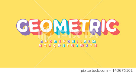 Geometric 3D letter set for Kids Zone. Font for children birthday party, festive, kids logo or colorful funny poster. Simple flat multi color alphabet. Vector typography 143675101