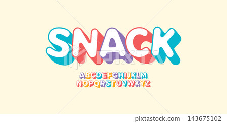 Snack 3D letter set for Kids Zone. Font for children birthday party, festive, kids logo or colorful funny poster. Simple flat multi color alphabet. Vector typography 143675102