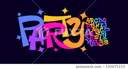 Fun Groovy Font Cartoon Logo Alphabet Color Typography Bouncy Letter Set, Dancing Typographic Design for Carnival Title, Music Fest Poster Headline Logotype. Funny Fonts. Vector Typeface 143675153