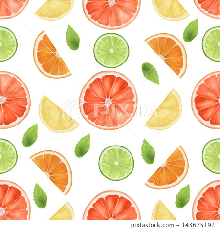 Seamless watercolor pattern with pieces of grapefruit, orange, lime and lemon and mint. The illustration is made by hand on a white background. textiles, wallpaper, dishes. Seamless watercolor pattern with pieces of grapefruit, orange, lime and lemon and mint. The illustration is made by hand on a white background. textiles, wallpaper, dishes. 143675192