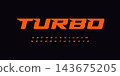 Turbo alphabet, wide bold font for powerful dynamic lettering, swift automotive logo, energetic daring headline, car racing branding. Orange letters on black BG. Vector typeset 143675205