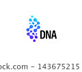 DNA logo featuring an abstract double helix built from connected molecular shape and dots in a blue and purple gradient. Ideal for genetics, biotechnology, science, medicine, research, and innovation. 143675215