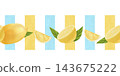 Watercolor seamless border with lemons and leaves on a background of bright stripes. The illustration is made by hand on a white background. Suitable for textiles, dishes, towels. 143675222