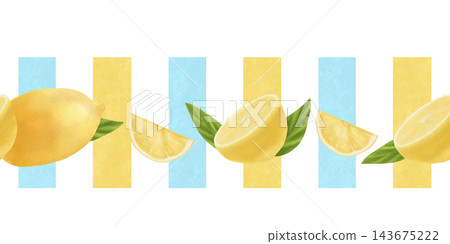 Watercolor seamless border with lemons and leaves on a background of bright stripes. The illustration is made by hand on a white background. Suitable for textiles, dishes, towels. Watercolor seamless border with lemons and leaves on a background of bright stripes. The illustration is made by hand on a white background. Suitable for textiles, dishes, towels. 143675222