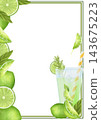 A frame of juicy limes with a glass of lemonade. The watercolor illustration on a white background is hand-drawn. Suitable for postcards and menus. 143675223