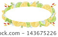 Oval frame of lemons and limes with a sprig of rosemary and a cocktail tube. The illustration on a white background is hand-drawn. Suitable for postcards and menus. 143675226