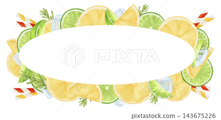 Oval frame of lemons and limes with a sprig of rosemary and a cocktail tube. The illustration on a white background is hand-drawn. Suitable for postcards and menus. Oval frame of lemons and limes with a sprig of rosemary and a cocktail tube. The illustration on a white background is hand-drawn. Suitable for postcards and menus. 143675226