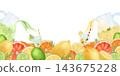 A frame of jugs of cold citrus lemonade. With slices of fruit. The watercolor illustration on a white background is hand-drawn. For postcards and menu design. 143675228