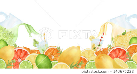 A frame of jugs of cold citrus lemonade. With slices of fruit. The watercolor illustration on a white background is hand-drawn. For postcards and menu design. A frame of jugs of cold citrus lemonade. With slices of fruit. The watercolor illustration on a white background is hand-drawn. For postcards and menu design. 143675228