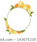 Round lemon frame with orange slices and leaves. The watercolor illustration on a white background is hand-drawn. Suitable for postcards, menus. 143675230