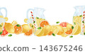 Watercolor seamless border decanter of lemonade with citrus fruits. The illustration is made by hand on a white background. Suitable for textiles, dishes, towels. 143675246