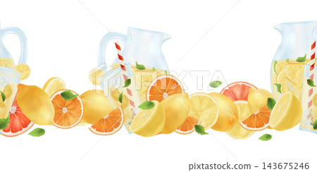Watercolor seamless border decanter of lemonade with citrus fruits. The illustration is made by hand on a white background. Suitable for textiles, dishes, towels. Watercolor seamless border decanter of lemonade with citrus fruits. The illustration is made by hand on a white background. Suitable for textiles, dishes, towels. 143675246