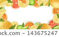 Rectangular frame of bright citrus fruits. Slices of lime, lemon, orange, grapefruit. Watercolor illustration on a white background. For postcards, menus. 143675247