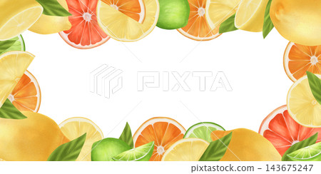 Rectangular frame of bright citrus fruits. Slices of lime, lemon, orange, grapefruit. Watercolor illustration on a white background. For postcards, menus. Rectangular frame of bright citrus fruits. Slices of lime, lemon, orange, grapefruit. Watercolor illustration on a white background. For postcards, menus. 143675247
