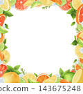 A square frame of bright citrus fruits. With ice cubes, mint and rosemary. Watercolor illustration on a white background. For postcards, menus. 143675248
