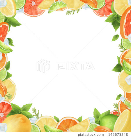 A square frame of bright citrus fruits. With ice cubes, mint and rosemary. Watercolor illustration on a white background. For postcards, menus. A square frame of bright citrus fruits. With ice cubes, mint and rosemary. Watercolor illustration on a white background. For postcards, menus. 143675248
