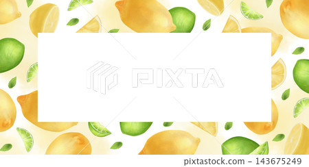 A frame with lemons and limes. Juicy slices of fruit with mint leaves. The watercolor illustration is hand-drawn. Suitable for postcards and menus. A frame with lemons and limes. Juicy slices of fruit with mint leaves. The watercolor illustration is hand-drawn. Suitable for postcards and menus. 143675249