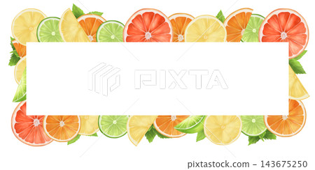 A frame with slices of citrus fruits with mint. The watercolor illustration on a white background is hand-drawn. Suitable for postcards and menus. A frame with slices of citrus fruits with mint. The watercolor illustration on a white background is hand-drawn. Suitable for postcards and menus. 143675250