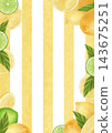 A frame with lemon and lime, on a background of yellow stripes. The watercolor illustration on a white background is hand-drawn. Suitable for postcards and menus. 143675251