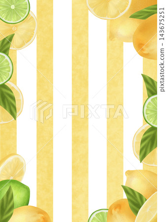 A frame with lemon and lime, on a background of yellow stripes. The watercolor illustration on a white background is hand-drawn. Suitable for postcards and menus. A frame with lemon and lime, on a background of yellow stripes. The watercolor illustration on a white background is hand-drawn. Suitable for postcards and menus. 143675251