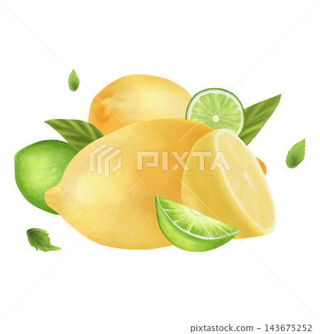 Juicy composition of citrus and watercolor fruits. Lemon, lime, fruit slices and mint leaves. Watercolor illustration on a white background. For textiles, tableware, and printing. Juicy composition of citrus and watercolor fruits. Lemon, lime, fruit slices and mint leaves. Watercolor illustration on a white background. For textiles, tableware, and printing. 143675252
