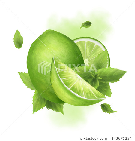 Bright sour lime, with juicy slices and mint leaves. The watercolor illustration is hand-drawn. For menus, textiles, and tableware. 143675254