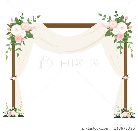 Wedding arch with white fabric curtain and flowers romantic element sticker print visual graphic clipart artwork design icon illustration 143675359