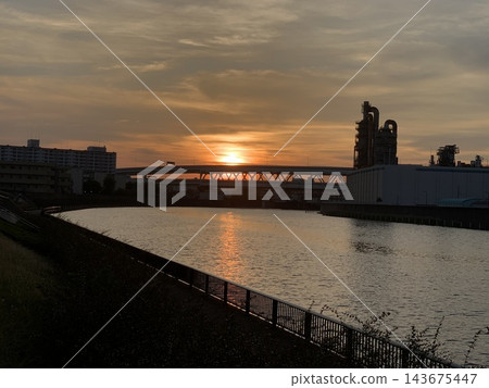 A river landscape illuminated by the setting sun. A river landscape illuminated by the setting sun. 143675447
