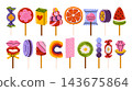 Cartoon illustrations of assorted lollipops and candy treats. Round swirls, fruit and caramel lollipops, gummy and marmalade candy, striped sweets,  ice cream of various types and shapes with fruits. 143675864