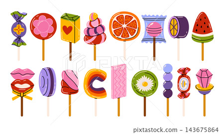 Cartoon illustrations of assorted lollipops and candy treats. Round swirls, fruit and caramel lollipops, gummy and marmalade candy, striped sweets, ice cream of various types and shapes with fruits. Cartoon illustrations of assorted lollipops and candy treats. Round swirls, fruit and caramel lollipops, gummy and marmalade candy, striped sweets, ice cream of various types and shapes with fruits. 143675864