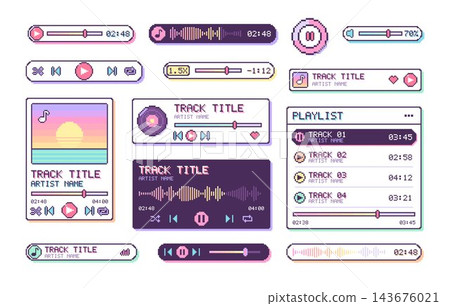 Pixel art music player user interface design elements	 143676021