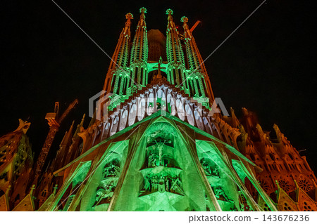 Sagrada Familia Passion facade glowing at night 143676236