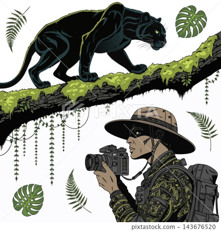 The illustration depicts a slender black panther with piercing green eyes, stalking along a mossy tree branch above the photographer 143676520