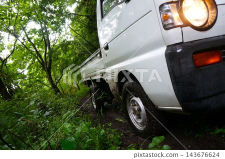 一輛白色輕型卡車行駛在綠樹成蔭的林間道路上。 一輛白色輕型卡車行駛在綠樹成蔭的林間道路上。 143676624