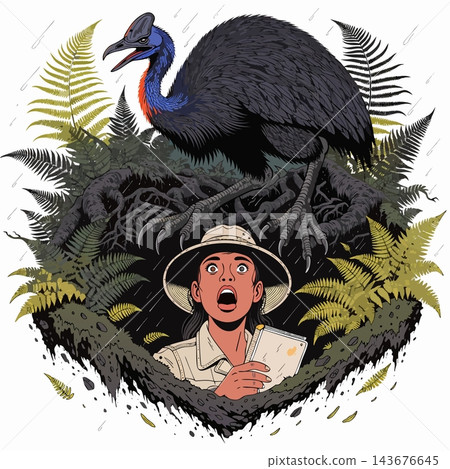 The comic-style image depicts a large cassowary bird The comic-style image depicts a large cassowary bird 143676645