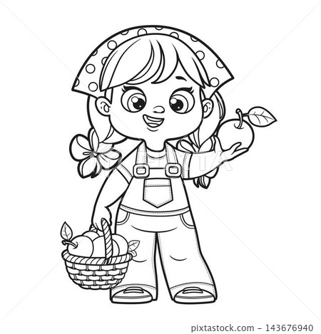 Cute cartoon girl holding an apple and a basket of apples in hand outlined for coloring page on white background Cute cartoon girl holding an apple and a basket of apples in hand outlined for coloring page on white background 143676940